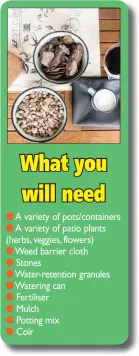  ??  ?? A variety of pots/containers A variety of patio plants (herbs, veggies, flowers)
Weed barrier cloth
Stones
Water-retention granules Watering can
Fertiliser
Mulch
Potting mix
Coir