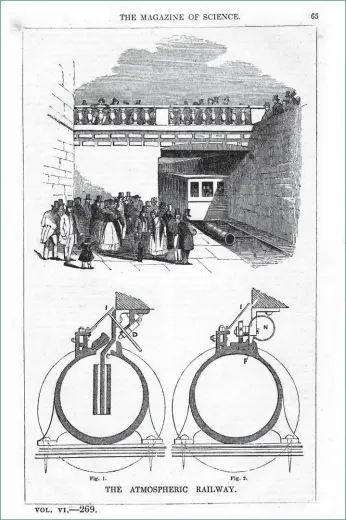  ?? ALAMY. ?? The Kingstown and Dalkey atmospheri­c railway was built near Dublin using a system pioneered by Samuel Clegg and Joseph Samuda. The lower half of the picture shows the Clegg-designed valve open and closed.