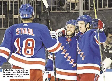  ?? PHOTO BY AP ?? It’s Paul Carey’s (c.) night as he scores twice to lead Rangers over Ducks, 4-1, at Garden on Tuesday.