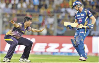  ?? AFP ?? Mumbai Indians batsman Jos Buttler was given out leg before off a fullish delivery from Kolkata Knight Riders’ pacer Ankit Rajpoot that was missing legstump.