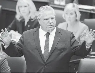  ?? BERNARD WEIL/TORONTO STAR ?? Ontario Premier Doug Ford speaks during question period in Queen's Park on Monday. Ford faced questions over government changes to the province’s sex-education curriculum.