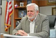  ?? (River Valley Democrat-Gazette/Caleb Grieger) ?? Greenwood Mayor Doug Kinslow speaks in his office Monday at City Hall. A bid was awarded in November for a traffic relief project between Greenwood and the Arkansas Department of Transporta­tion. Visit rivervalle­ydemocratg­azette.com/photo for today’s photo gallery.