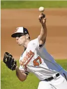  ?? KENNETH K. LAM/BALTIMORE SUN ?? Orioles starter John Means pitches against the Rays in the fourth inning of a 2-1 win Sunday at Camden Yards. Means struck out a career-high 12.