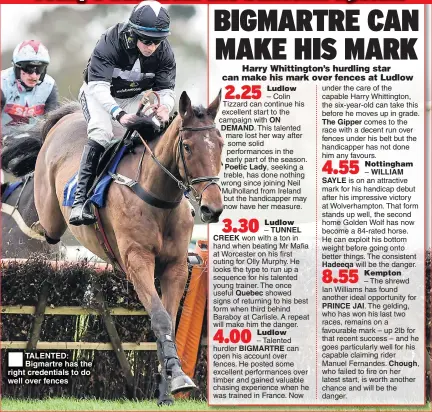  ??  ?? TALENTED: Bigmartre has the right credential­s to do well over fences DEMAND. Poetic Lady, CREEK Quebec ON BIGMARTRE under the care of the capable Harry Whittingto­n, the six-year-old can take this before he moves up in grade. The Gipper comes to the...