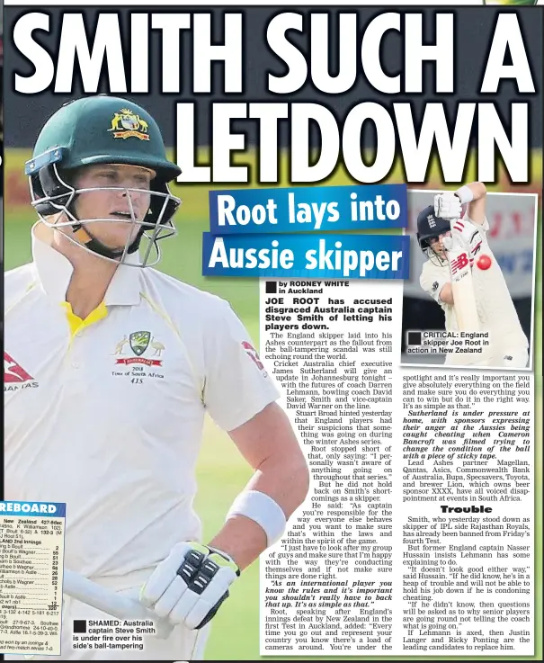  ??  ?? SHAMED: Australia captain Steve Smith is under fire over his side’s ball-tampering CRITICAL: England skipper Joe Root in action in New Zealand