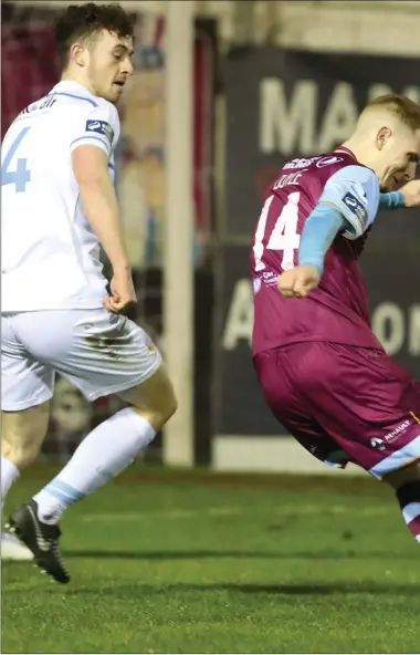  ??  ?? Mark Doyle takes a shot at goal in Drogheda United’s most recent game, the 5-1 victory against UCD at United Park.