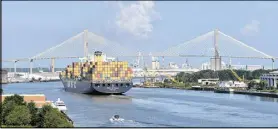  ?? BRANT SANDERLIN / AJC 2014. ?? The MSC Stella travels up the Savannah River en route to the Port of Savannah. Georgia leaders hope that President Donald Trump’s plan to inject funding into the nation’s infrastruc­ture projects will include money to deepen the port in Savannah.