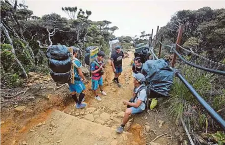  ?? PIC BY KHAIRULL AZRY BIDIN ?? Mount Kinabalu porters taking a break after completing the 6km trek from Timpohon Gate — the starting point of the climb — to the Panalaban base camp.