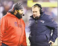  ?? Steven Senne / Associated Press ?? In this Nov. 3, 2013, file photo, then-New England Patriots defensive coordinato­r Matt Patricia, left, listens to head coach Bill Belichick in the fourth quarter of a game in Foxborough, Mass. Patricia is now the head coach of the Lions, the team the Patriots face on Sunday night.