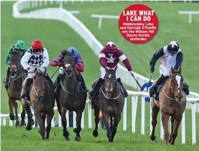  ?? ?? LAKE WHAT I CAN DO Hiddenvall­ey Lake and Darragh O’keeffe win the William Hill Boyne Hurdle yesterday