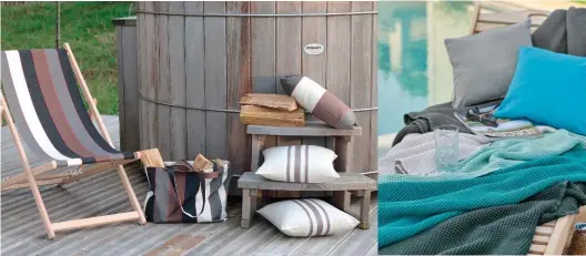  ??  ?? Sieste en vue Chilienne bayadère, nombreux coloris, 88 €, et coussins assortis, à partir de 22 €,
En camaïeu Plaid Santorin, et coussin Confettis 100 % coton, 72 € et 39 €, Garnier-Thiebaut.