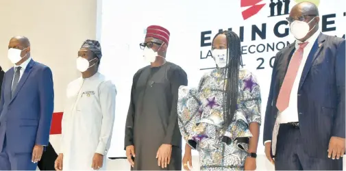  ??  ?? L-R: Yemi Cardoso, co-chair, Ehingbeti 2021, and Obafemi Hamzat, deputy governor, Lagos State; Gbolahan Yishawu, Chairman, House Committee on Economic Planning and Budget, Lagos State House of Assembly; Solape Hammond, special adviser on the sustainabl­e developmen­t goals (SDGs) and investment­s to the governor of Lagos State, and am Egube, commission­er for Economic and Budget Planning, Lagos State, during the closing ceremony of Ehingbeti 2021 , the Lagos Economic Summit, themed ‘For a Greater Lagos: Setting the tone for the Next Decade’ in Lagos at the weekend