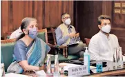  ??  ?? Finance Minister Nirmala Sitharaman, Minister of State Anurag Thakur chair the meeting via video conference