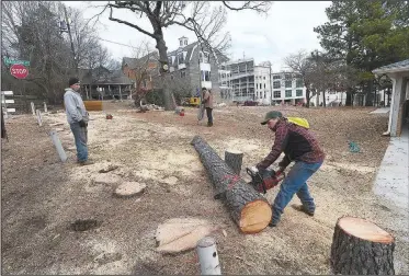  ?? NWA Democrat-Gazette/J.T. WAMPLER ?? A crew from Valdez Tree Service removes a pine tree Thursday on Thomas Avenue near Markham Road just west of Reynolds Razorback Stadium in Fayettevil­le. The tree was the last of a row of trees on the block removed this week.