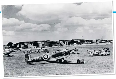  ??  ?? Spitfires on the ground at RAF Hawkinge in Kent. Left, pilot ‘Steady’ Tuke, pictured with other young men at an OTC camp below