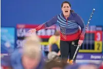  ?? BRYNN ANDERSON/ASSOCIATED PRESS ?? United States’ Rebecca Hamilton yells to her teammates during a women’s curling match against Sweden at the Beijing Winter Olympics on Sunday in Beijing.