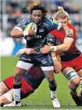  ??  ?? Power play: Sale’s Marland Yarde fends off tackles by Will Spencer and David Denton