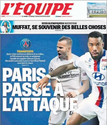  ??  ?? PROTAGONIS­TA. La portada de L’Equipe de ayer mostró a Jesé junto a Lacazette.