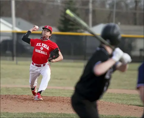  ?? RANDY MEYERS — FOR THE MORNING JOURNAL ?? Elyria’s Ryan Kowalski delivers against Keystone during a scrimmage March 22. For a photo collection, visit MorningJou­rnal.com.