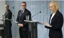  ?? Tuesday. Photograph: Lehtikuva/Reuters ?? From left: Maj Gen Matti Sarasmaa of the border guard, Prime Minister Petteri Orpo, and Finland’s interior minister Mari Rantanen at a press conference in Helsinki on