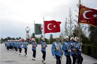  ?? ?? The Turkish army's military honour guard walks after a ceremony at the presidenti­al palace, in Ankara, Turkey, Monday, May 16, 2022. Burhan Ozbilici/AP