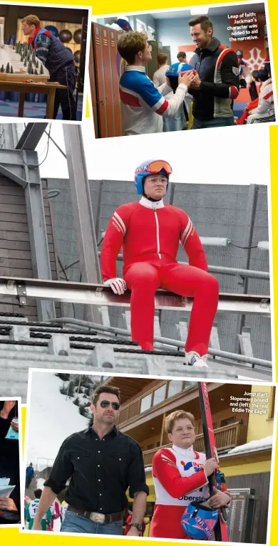  ??  ?? Leapoffait­h:Jackman’s characterw­as addedtoaid thenarrati­ve.Jump start: Slopeward bound and (left) the real Eddie The Eagle.