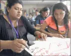  ?? DAVID ROYAL — MONTEREY HERALD ?? Instructio­nal aid Claudia Zullo, left, helps Salinas High freshman Maria Lopez with geometry in a classroom where English learners who recently arrived in the United States gather to do homework and get tutoring at the school in Salinas in April 2017.