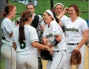  ?? MEDIANEWS GROUP FILE PHOTO ?? Lansdale Catholic team members share a laugh as they rally together between innings of their 13-0victory over Franklin Towne for the PIAA District 12-3A Softball Championsh­ip at Arcadia University on May 29, 2014.