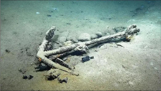  ?? (AP/NOAA Ocean Exploratio­n) ?? This image taken by NOAA Ocean Exploratio­n in February shows what researcher­s believe to be an anchor and bottles dating to the early 1800s from the wreck of the only whaling ship known to have sunk in the Gulf of Mexico.
