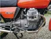  ??  ?? Above right: Moto Guzzi’s small-block engines are compact as they come, distinctiv­e and smooth. The pedal operates the linked brakes