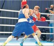  ?? BFI ?? Amit Panghal (R) in action against Shakhobidi­n Zoirov during the 52kg final of the Asian Championsh­ips in Dubai on Monday.
{