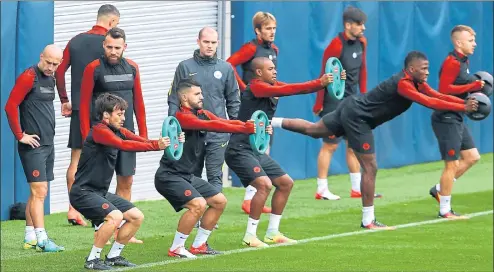  ??  ?? THE PERFECT FIT: Star-studded Manchester City in training ahead of tonight’s Champions League clash at Celtic Park.