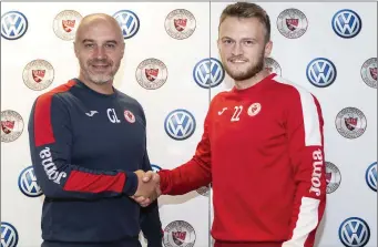  ??  ?? Sligo Rovers manager Ger Lyttle with David Cawley. Pics: Donal Hackett.