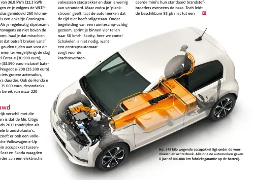  ??  ?? Het 248 kilo wegende accupakket ligt onder de voorstoele­n en achterbank. Alle drie de automerken geven 8 jaar of 160.000 km fabrieksga­rantie op de batterij.