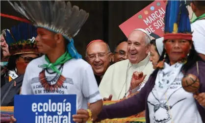  ??  ?? The pope on Monday at the Vatican. Francis described how upset he became when he heard a snide comment about the feathered headdress worn by an indigenous man at mass on Sunday. Photograph: Andreas Solaro/AFP via Getty Images