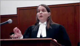  ?? CP HANDOUT COURTESY CBC MANDATORY CREDIT ?? In this image grab, Sharlene Telles-Langdon, a lawyer for the Attorney General of Canada, addresses the Saskatchew­an Court of Appeal in Regina, Thursday. Telles-Langdon says greenhouse gases cannot be distinguis­hed from province to province once they are emitted into the air.