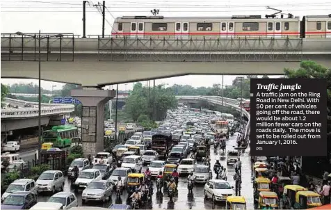  ?? PTI ?? ■ A traffic jam on the Ring Road in New Delhi. With 50 per cent of vehicles going off the road, there would be about 1.2 million fewer cars on the roads daily. The move is set to be rolled out from January 1, 2016.
