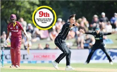  ?? AFP ?? Series win in their 10 last series at home New Zealand’s Trent Boult (centre) calls for an LBW appeal against West Indies batsman Ronsford Beaton (left) in Christchur­ch. —