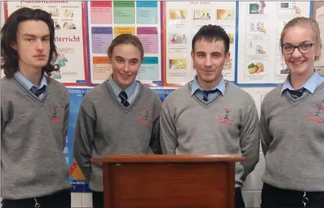  ??  ?? Thomas Sheehan, Zara Burke-Ott, Rafael Harasiensk­i and Eimear Collins of Boherbue Comprehens­ive School, who are now through to the third round of the Goethe Institute’s German Debating Competitio­n.