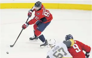  ?? USA TODAY SPORTS ?? The Capitals’ Evgeny Kuznetsov shoots and scores a goal against the Golden Knights in the second period.