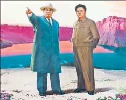  ??  ?? ICONS: Kim Jong-un often shows himself astride a white horse on Mount Paektu (top) — where his father and grandfathe­r stand in the painting above.