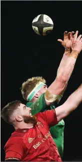  ??  ?? Connacht’s Cillian Gallagher and Darren O’Shea of Munster contest a lineout.