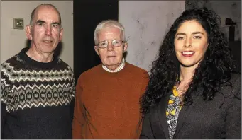  ?? Photo by John Reidy ?? Handed Down founder member, PJ Teahan (left) pictured with flautist, Billy Clifford and Maggie Prendivill­e-Keane. Maggie will present the Handed Down lecture at Scartaglin Heritage Centre on Saturday night, January 27th at 8pm.