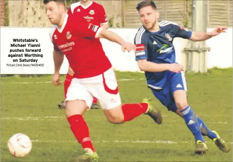  ?? Picture: Chris Davey FM4254092 ?? Whitstable’s Michael Yianni pushes forward against Worthing
on Saturday