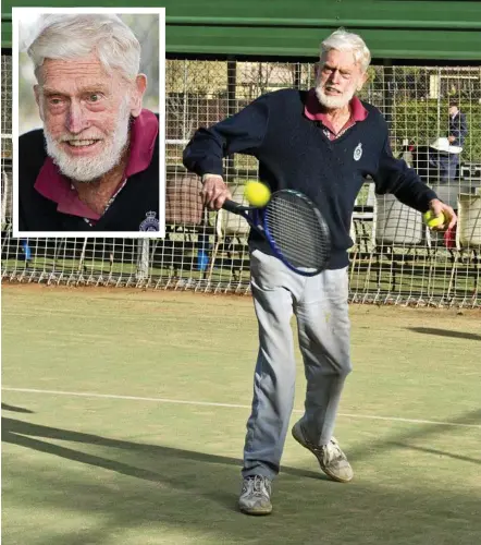  ?? Photo: Nev Madsen ?? NO HAS BEEN: Ralph Geddes returns serve at the Holy Name Tennis Courts. At 90 years young, Mr Geddes plays tennis each Thursday with the Has Beens Tennis Club at Holy Name.