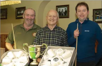  ??  ?? Liam Connolly (winner), John Bennett (referee) and Declan Ryan (runner-up) before the New Ross Workman’s Club Albatros Cup snooker final. The beaten semi-finalists were Thomas Lanigan and Jack Power.