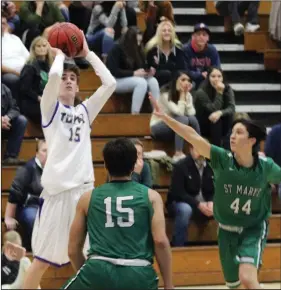  ?? MIKE BUSH/NEWS-SENTINEL ?? Above: Tokay forward Adam Johnson shoots over St. Mary's Tom Rigdon, 14, and Charlie Shipman, 44, in Friday's TCAL game at The Jungle. Below: Tokay guard Victor Nateras, 1, drives past St. Mary's Mikael Caballero, 32, Sam Bettencour­t, 14 and Javier...