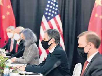  ?? FREDERIC J. BROWN/AFP ?? Secretary of State Antony Blinken, second right, joined by national security adviser Jake Sullivan, right, listen as they meet Chinese Communist Party foreign affairs chief Yang Jiechi and China’s State Councilor Wang Yi on Thursday in Anchorage, Alaska.