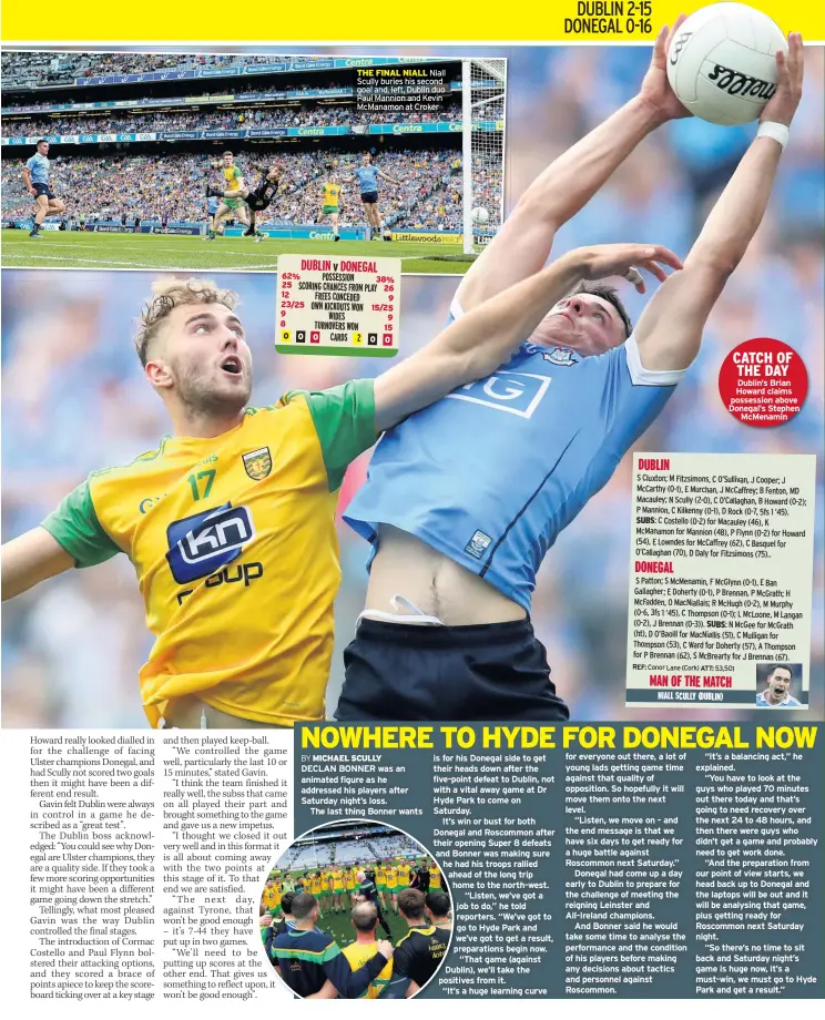  ??  ?? CATCH OF THE DAY Dublin’s Brian Howard claims possession above Donegal’s Stephen Mcmenamin