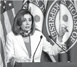  ?? SUSAN WALSH/AP ?? House Speaker Nancy Pelosi is firmly against the coronaviru­s liability plan, looking instead to install emergency workplace regulation­s to protect health care workers.